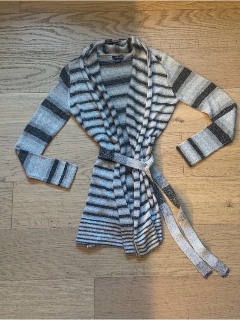 Willi Smith Striped Belted Cardigan Sweater Coat Black Gray Cream Size M